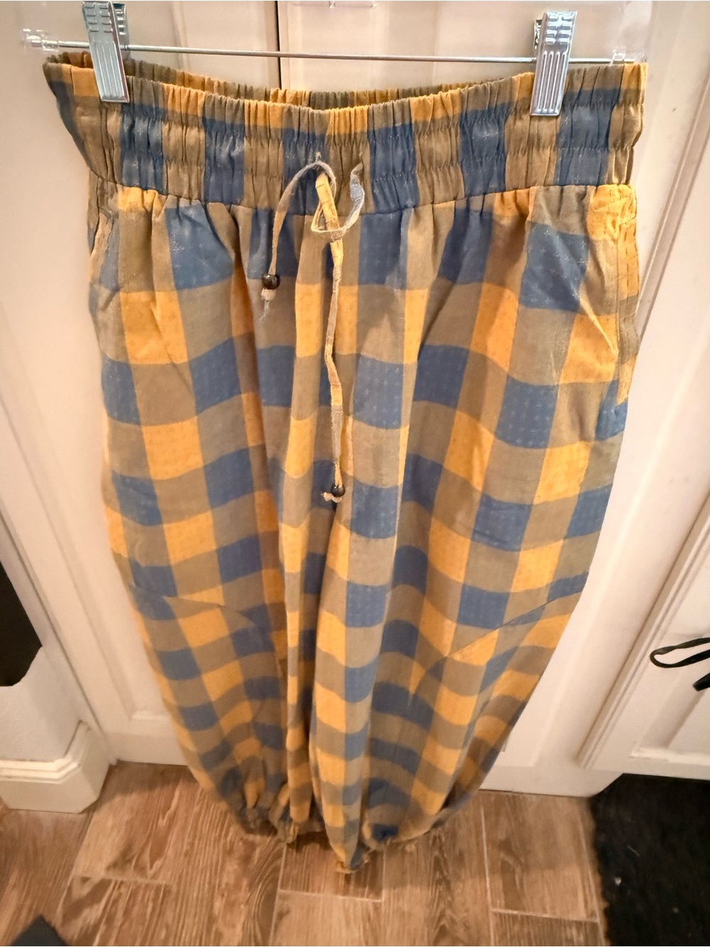 Women's Blue and Yellow Plaid Drawstring Harem Pants